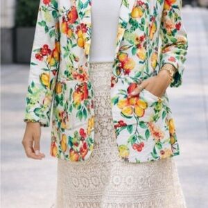 Lauren Conrad Floral Fruit Print Blazer Jacket - White with Yellow & Green